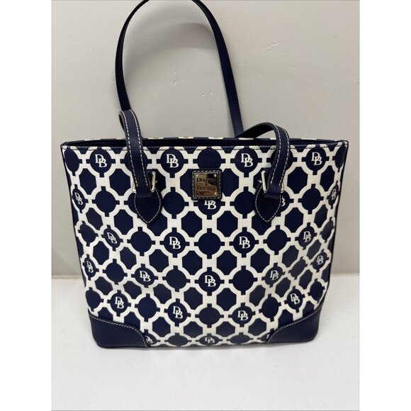 Dooney & Bourke Handbags - Dooney & Bourke DB Navy Blue White Shoulder Handbag Bag Tote Purse Zip Pockets